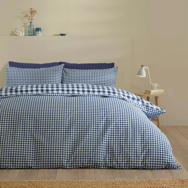 Rackhams Bamford Gingham Check Reversible Duvet Cover Set Navy Blue - Super King - Navy Blue - image 1