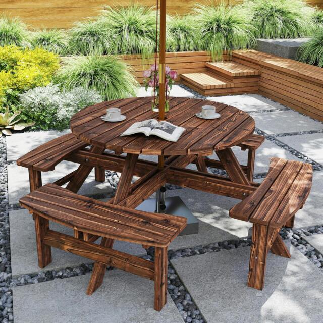 Rackhams Wooden Garden Dining Set with Parasol Hole for Outdoor, Tan - Fir wood - Tan - 1 round table, 4 connected benches - image 1
