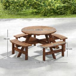 Rackhams Wooden Garden Dining Set with Parasol Hole for Outdoor, Tan - Fir wood - Tan - 1 round table, 4 connected benches - thumbnail 3