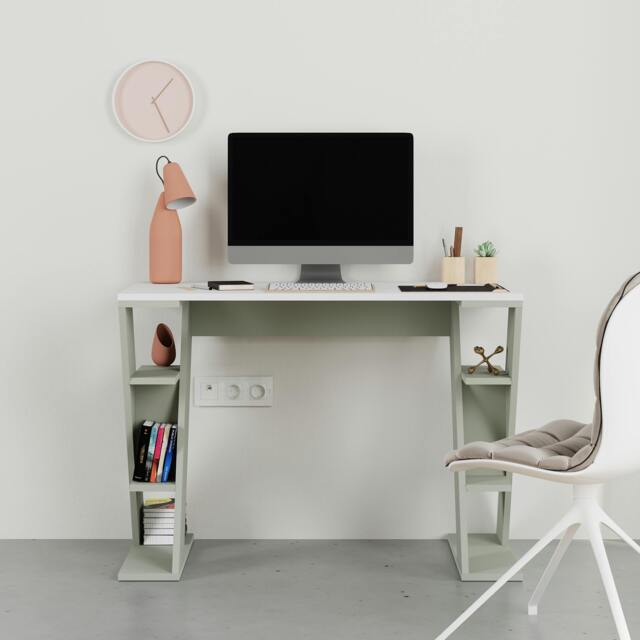 Rackhams Modern Papillon 106cm Working Desk Particleboard 3 Mini Shelves, Cross Design Legs H75xW106cm - White Ash Green - image 1
