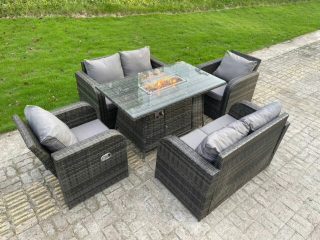 Rackhams Rattan Outdoor Furniture Gas Fire Pit Rectangle Dining Table Gas Heater Adjustable Reclining Chairs Love Sofa Sets 6 Seater - image 1