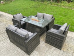Rackhams Rattan Outdoor Furniture Gas Fire Pit Rectangle Dining Table Gas Heater Adjustable Reclining Chairs Love Sofa Sets 6 Seater - thumbnail 3