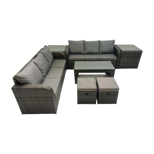 Rackhams Rattan Garden Outdoor Furniture Set 3 Seater Sofa Coffee Table with 2 Side Tables 2 Small Footstools Dark Grey Mixed - image 1