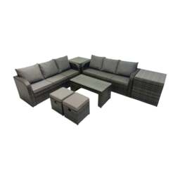 Rackhams Rattan Garden Outdoor Furniture Set 3 Seater Sofa Coffee Table with 2 Side Tables 2 Small Footstools Dark Grey Mixed - thumbnail 2