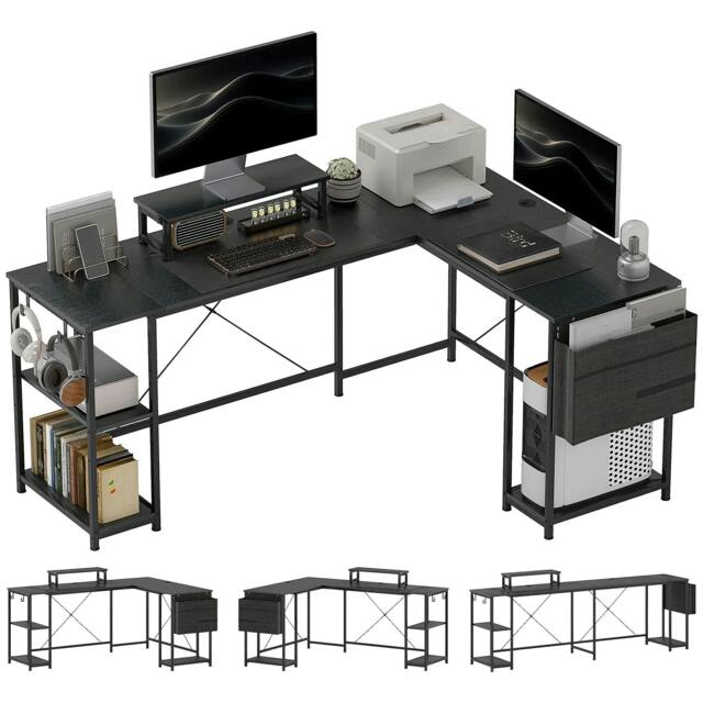 Rackhams 168cm Reversible L Shaped Desk, Industrial Corner Computer Desk with Adjustable Shelf and Storage Bag, 240cm with Monitor Stand, Black