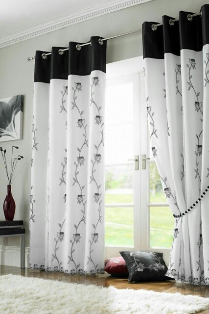 "Rackhams Tahiti Floral Fully Lined Eyelet Curtains - Black - 56 x 54"""