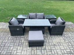 Rackhams Outdoor Rattan Furniture Garden Dining Set Height Adjustable Rising lifting Table Love Sofa Chair With 2 Side Tables Big Footstool - thumbnail 2
