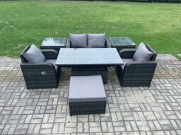 Rackhams Outdoor Rattan Furniture Garden Dining Set Height Adjustable Rising lifting Table Love Sofa Chair With 2 Side Tables Big Footstool - thumbnail 1