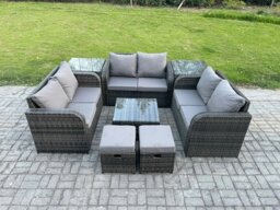 Rackhams 8 Seater Rattan Outdoor Sofa Set - Square Coffee Table, Loveseat, 2 Footstools & 2 Side Tables - thumbnail 1
