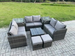 Rackhams 8 Seater Rattan Outdoor Sofa Set - Square Coffee Table, Loveseat, 2 Footstools & 2 Side Tables - thumbnail 2