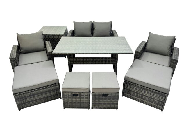 Rackhams 8 Seater Rattan Furniture Set with Dining Table, Sofa, Side Table, 2 Chairs & 4 Stools - Dark Grey - image 1