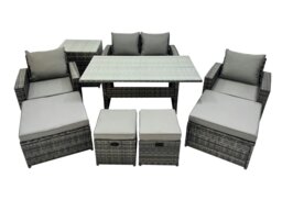 Rackhams 8 Seater Rattan Furniture Set with Dining Table, Sofa, Side Table, 2 Chairs & 4 Stools - Dark Grey