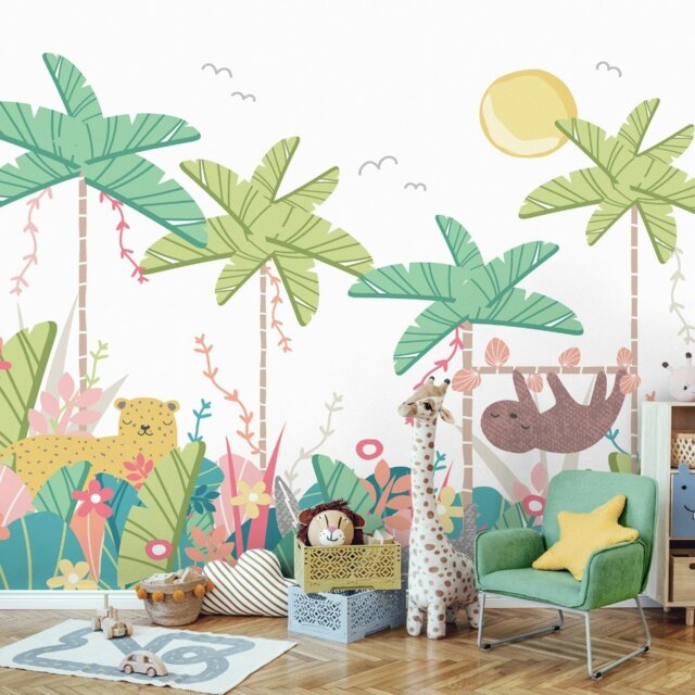 Rackhams Jungle Animals Wall Mural - Pale Green - Medium - W300cm x H240cm - image 1