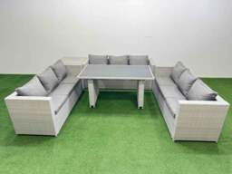 Rackhams Patio Outdoor Garden Furniture Sets with Black Glass Top Dining Table 3 Seater Sofa Side Table Light Grey