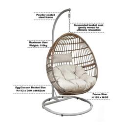 Rackhams Egg Hanging Swing Chair, Wicker Rattan Basket, Steel Frame, Single - DG60 - thumbnail 4