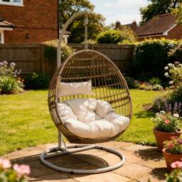 Rackhams Egg Hanging Swing Chair, Wicker Rattan Basket, Steel Frame, Single - DG60 - thumbnail 1