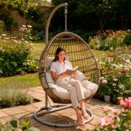 Rackhams Egg Hanging Swing Chair, Wicker Rattan Basket, Steel Frame, Single - DG60 - thumbnail 3