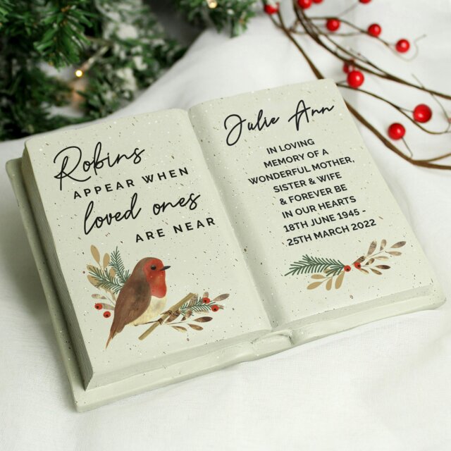 Rackhams Personalised Robins Memorial Book Resin Garden Ornament - image 1
