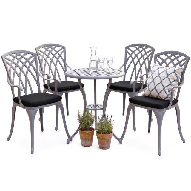Rackhams OSHOWA Luxurious Garden and Patio Table and 4 Large Chairs with Armrests Cast Aluminium Bistro Set - Grey with Black Cushions - image 1