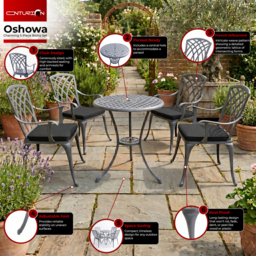 Rackhams OSHOWA Luxurious Garden and Patio Table and 4 Large Chairs with Armrests Cast Aluminium Bistro Set - Grey with Black Cushions - thumbnail 4