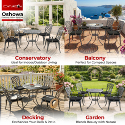 Rackhams OSHOWA Luxurious Garden and Patio Table and 4 Large Chairs with Armrests Cast Aluminium Bistro Set - Grey with Black Cushions - thumbnail 3