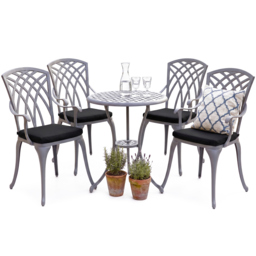 Rackhams OSHOWA Luxurious Garden and Patio Table and 4 Large Chairs with Armrests Cast Aluminium Bistro Set - Grey with Black Cushions - thumbnail 1