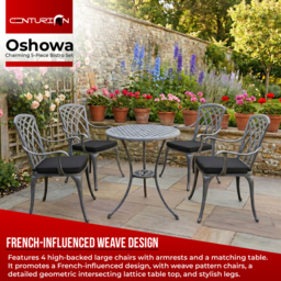 Rackhams OSHOWA Luxurious Garden and Patio Table and 4 Large Chairs with Armrests Cast Aluminium Bistro Set - Grey with Black Cushions - thumbnail 2