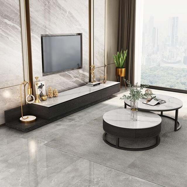 Rackhams Gibs Extendable TV Stand, Sintered Stone And Black Wood - Only TV Stand - White - image 1