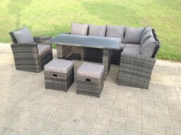Rackhams 9 Seater High Back Rattan Garden Furniture Set Corner Sofa With Black Tempered Glass Dining Table Footstool With Chair - thumbnail 2