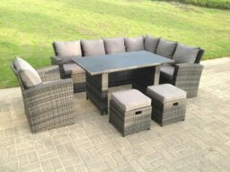 Rackhams 9 Seater High Back Rattan Garden Furniture Set Corner Sofa With Black Tempered Glass Dining Table Footstool With Chair - thumbnail 1