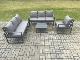 Rackhams Aluminium 7 Seater Outdoor Garden Furniture Lounge Sofa Set with Square Coffee Table Chair Dark Grey