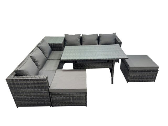 Rackhams 8 Seater Outdoor Corner Sofa Dining Table Set Garden Rattan Furniture Set with Side Table 2 Big Stool Dark Grey - image 1
