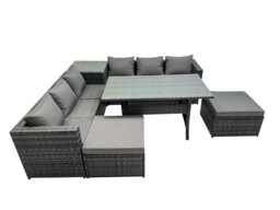 Rackhams 8 Seater Outdoor Corner Sofa Dining Table Set Garden Rattan Furniture Set with Side Table 2 Big Stool Dark Grey - thumbnail 1