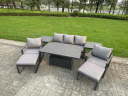 Rackhams 7 Seater Aluminium Garden Furniture Set with Adjustable Rising Dining Table, 2 Chairs, 2 Footstools, 2 Side Tables - Grey - thumbnail 2