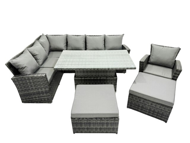 Rackhams Poly Rattan Outdoor Patio Height Adjustable Rising Lifting Table Corner Sofa Set with 2 Big Stool,Chair for Garden Backyard Dark Grey Mixed - image 1