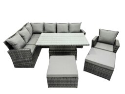 Rackhams Poly Rattan Outdoor Patio Height Adjustable Rising Lifting Table Corner Sofa Set with 2 Big Stool,Chair for Garden Backyard Dark Grey Mixed - thumbnail 1