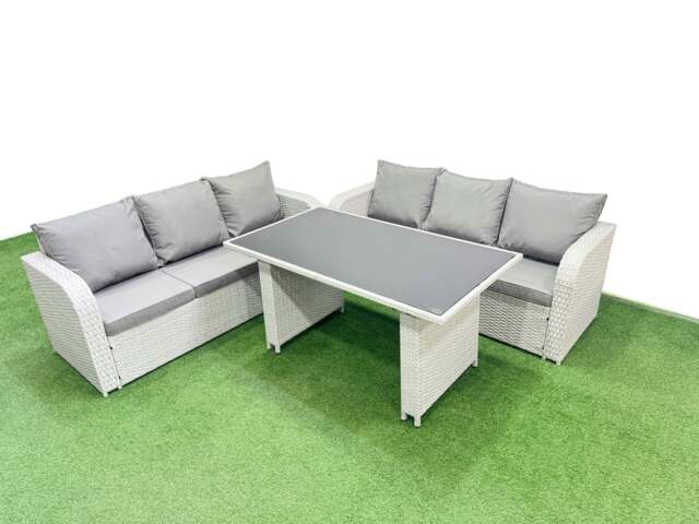 Rackhams 6 Seater Rattan Outdoor Dining Table 3 Seater Sofa Set Light Grey - image 1