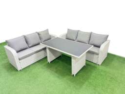 Rackhams 6 Seater Rattan Outdoor Dining Table 3 Seater Sofa Set Light Grey - thumbnail 1