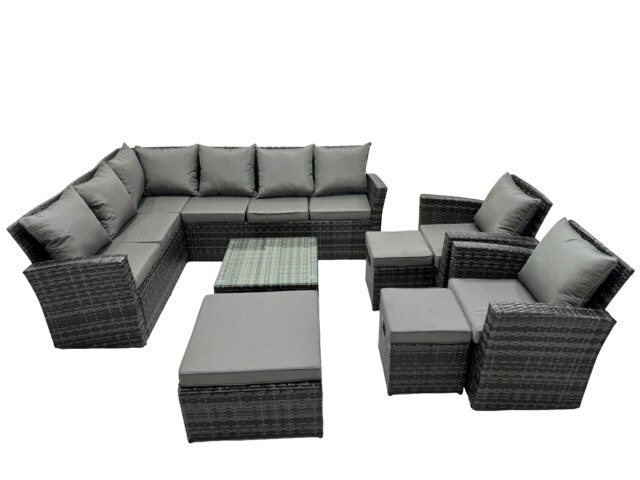 Rackhams 11 Seat Poly Rattan Outdoor Patio Coffee Table Corner Sofa Set with 3 Stool 2 Chairs for Garden Backyard Dark Grey Mixed - image 1