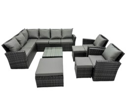 Rackhams 11 Seat Poly Rattan Outdoor Patio Coffee Table Corner Sofa Set with 3 Stool 2 Chairs for Garden Backyard Dark Grey Mixed - thumbnail 1