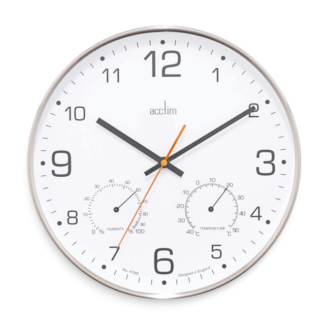 Rackhams Komfort Wall Clock Non-Ticking Sweep Metal Case Thermometer Hygrometer Display Brushed Steel 30cm - image 1