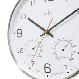 Rackhams Komfort Wall Clock Non-Ticking Sweep Metal Case Thermometer Hygrometer Display Brushed Steel 30cm - thumbnail 2