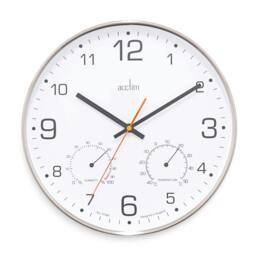 Rackhams Komfort Wall Clock Non-Ticking Sweep Metal Case Thermometer Hygrometer Display Brushed Steel 30cm - thumbnail 1