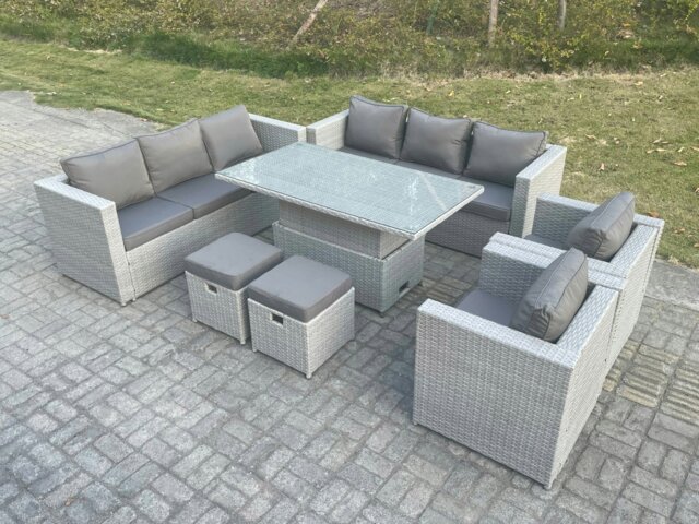 Rackhams Rattan Garden Funiture Set Adjustable Rising Lifting Table Sofa Dining Set Lounge Sofa 2 Arm Chair Stool - image 1