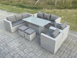 Rackhams Rattan Garden Funiture Set Adjustable Rising Lifting Table Sofa Dining Set Lounge Sofa 2 Arm Chair Stool - thumbnail 3