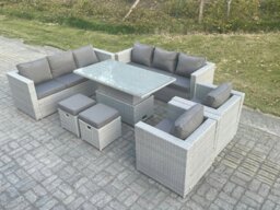 Rackhams Rattan Garden Funiture Set Adjustable Rising Lifting Table Sofa Dining Set Lounge Sofa 2 Arm Chair Stool - thumbnail 2