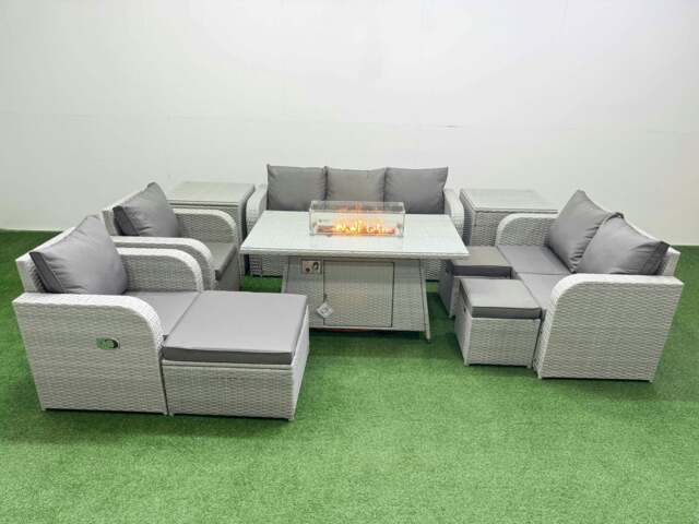 Rackhams Rattan Garden Furniture Set Reclining Chair Sofa Double Love Seat 2 Seater Sofa Fire Pit Dining Table 3 Stools 2 Side Table Light Grey - image 1