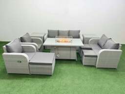Rackhams Rattan Garden Furniture Set Reclining Chair Sofa Double Love Seat 2 Seater Sofa Fire Pit Dining Table 3 Stools 2 Side Table Light Grey - thumbnail 1