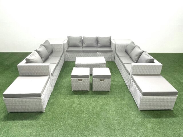 Rackhams 10 Pieces Rattan Garden Furniture Set Outdoor Garden Sofa Coffee Table Set with 2 Side Tables 4 Footstools Light Grey Mixed - image 1