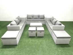 Rackhams 10 Pieces Rattan Garden Furniture Set Outdoor Garden Sofa Coffee Table Set with 2 Side Tables 4 Footstools Light Grey Mixed - thumbnail 1